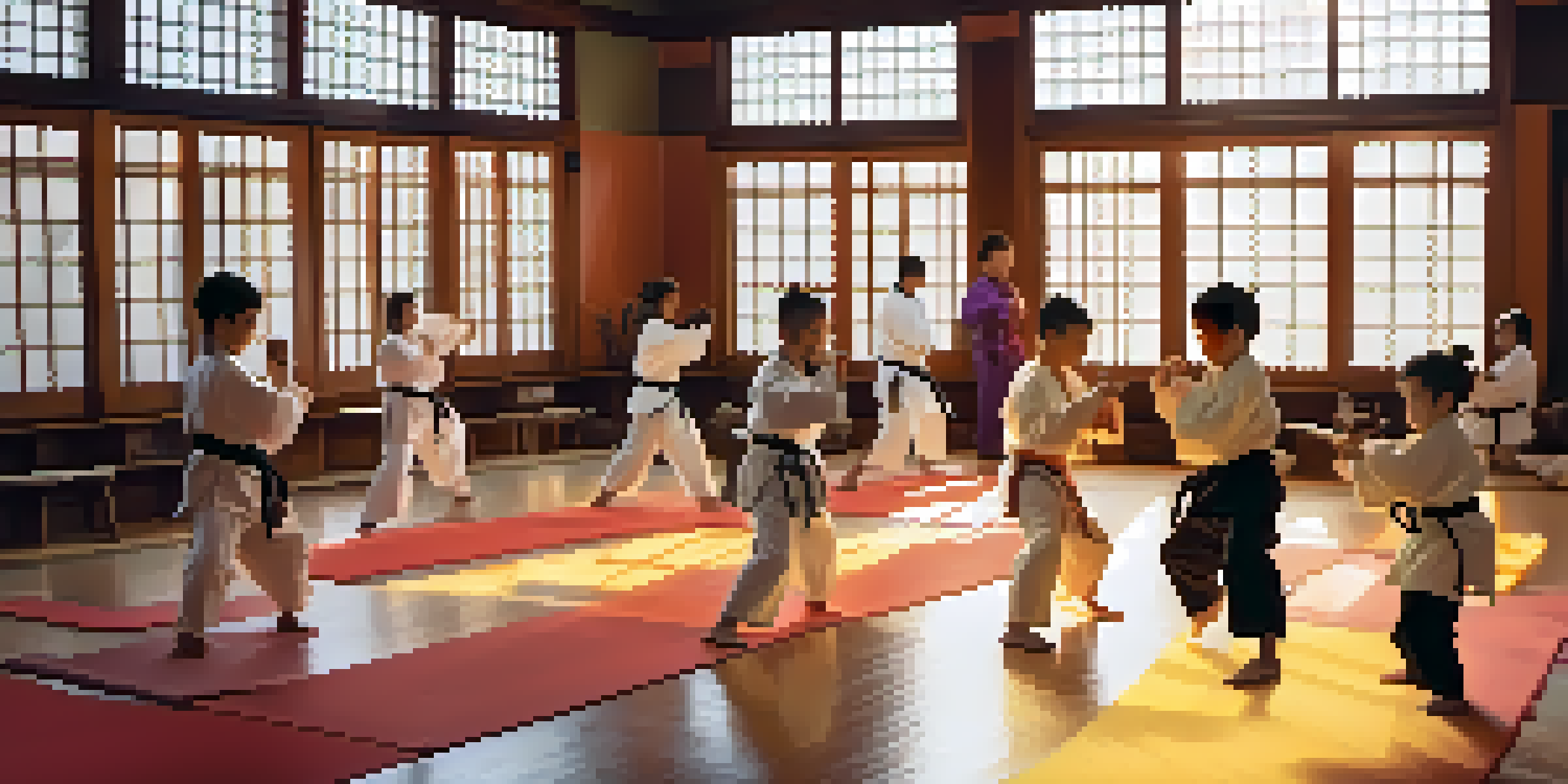 A diverse group of martial arts practitioners training together in a bright dojo, showcasing camaraderie and teamwork.