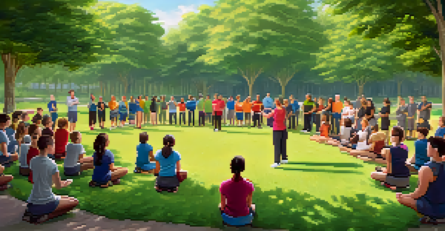 Participants in a park learning self-defense verbal skills, with a trainer demonstrating assertiveness.