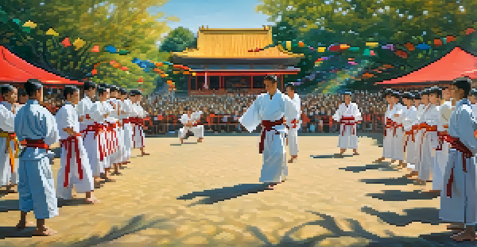 A colorful martial arts festival with diverse practitioners in traditional clothing demonstrating various martial arts techniques in a sunny outdoor setting.