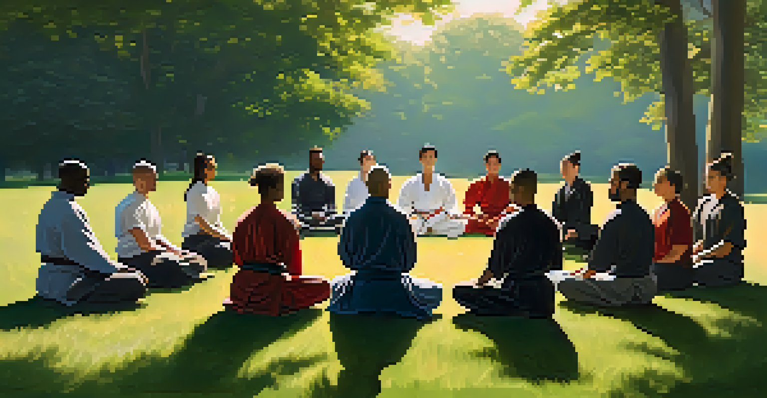 A group of martial artists sitting in a circle outdoors, practicing mindfulness under dappled sunlight, surrounded by nature.