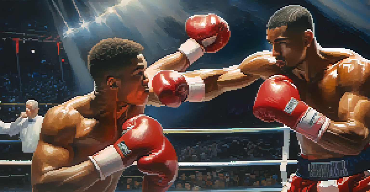 Two boxers in an intense match with bright lights and an excited crowd in the background.