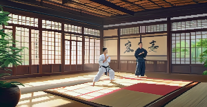 A tranquil dojo setting with a master practicing Tai Chi, illuminated by soft sunlight and surrounded by traditional decor.
