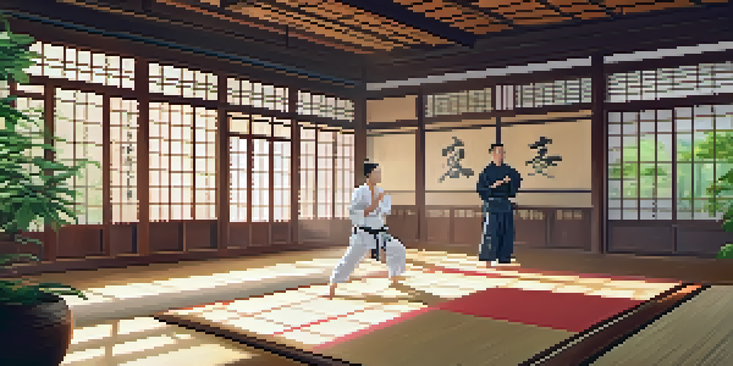 A tranquil dojo setting with a master practicing Tai Chi, illuminated by soft sunlight and surrounded by traditional decor.