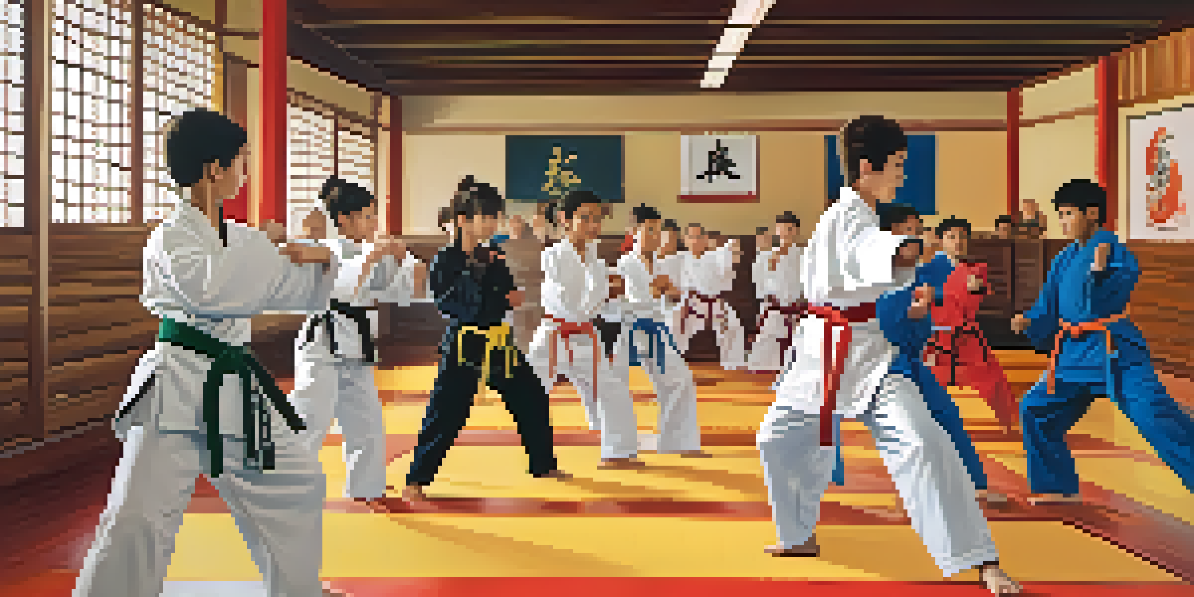 Diverse youth practicing martial arts in a dojo, displaying various techniques with determination.