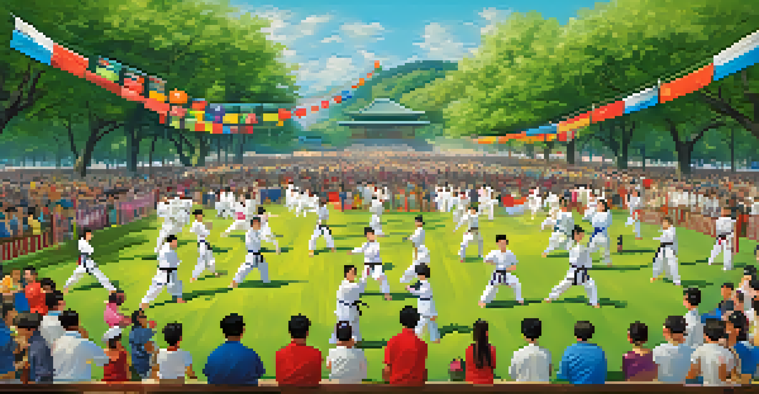 A lively outdoor martial arts community event with participants of different ages competing and supporting each other.