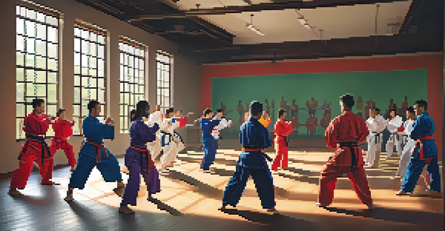 A diverse group of martial artists training together in a studio.