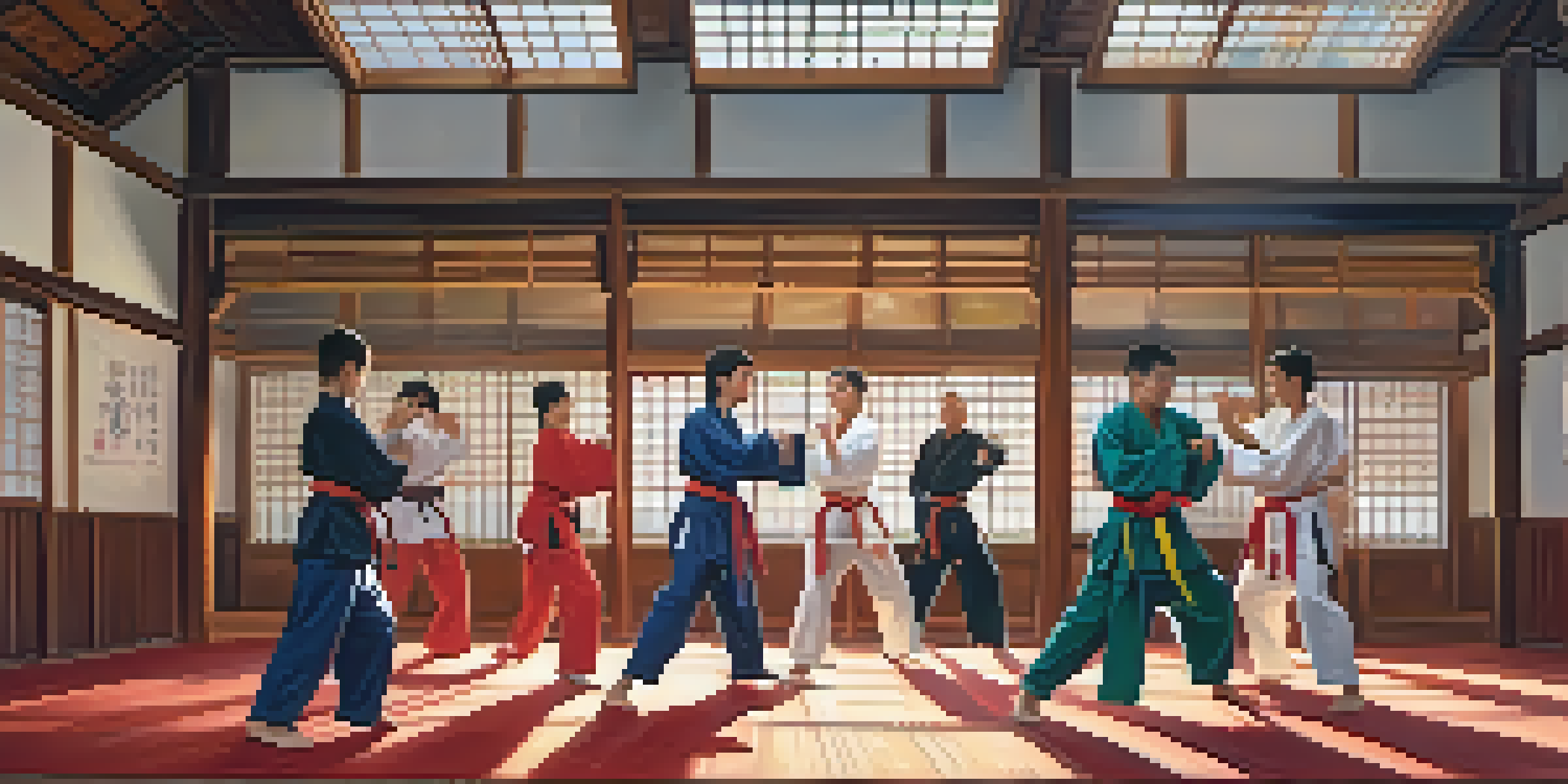 A lively martial arts dojo with practitioners from various backgrounds training together, showcasing diversity and unity.