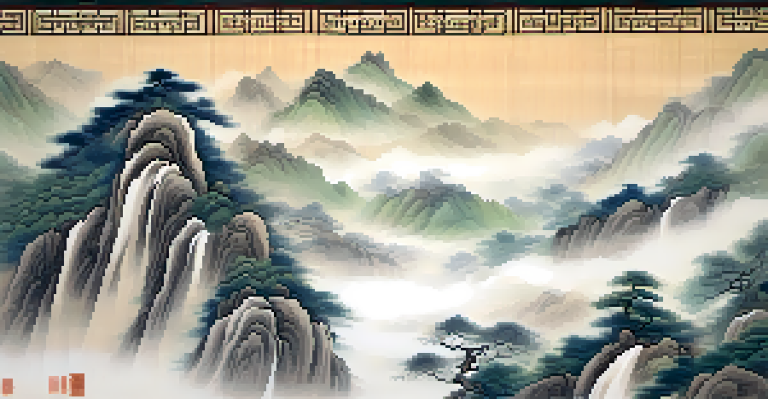 An ancient Chinese scroll with an illustration of a martial artist practicing Tai Chi in a misty mountain setting.