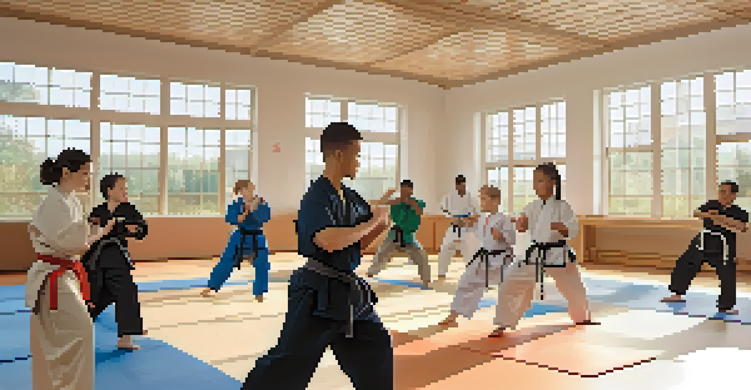 A diverse group of participants in an inclusive martial arts class, following an instructor's demonstration in a bright gym.