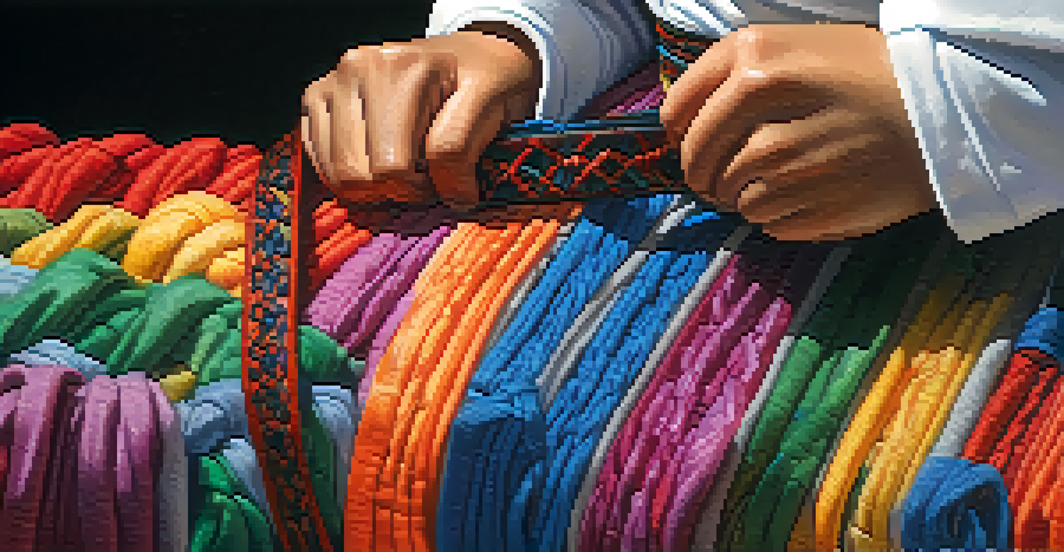 A close-up of hands tying a colorful martial arts belt, highlighting the fabric and stitching, with a blurred background.