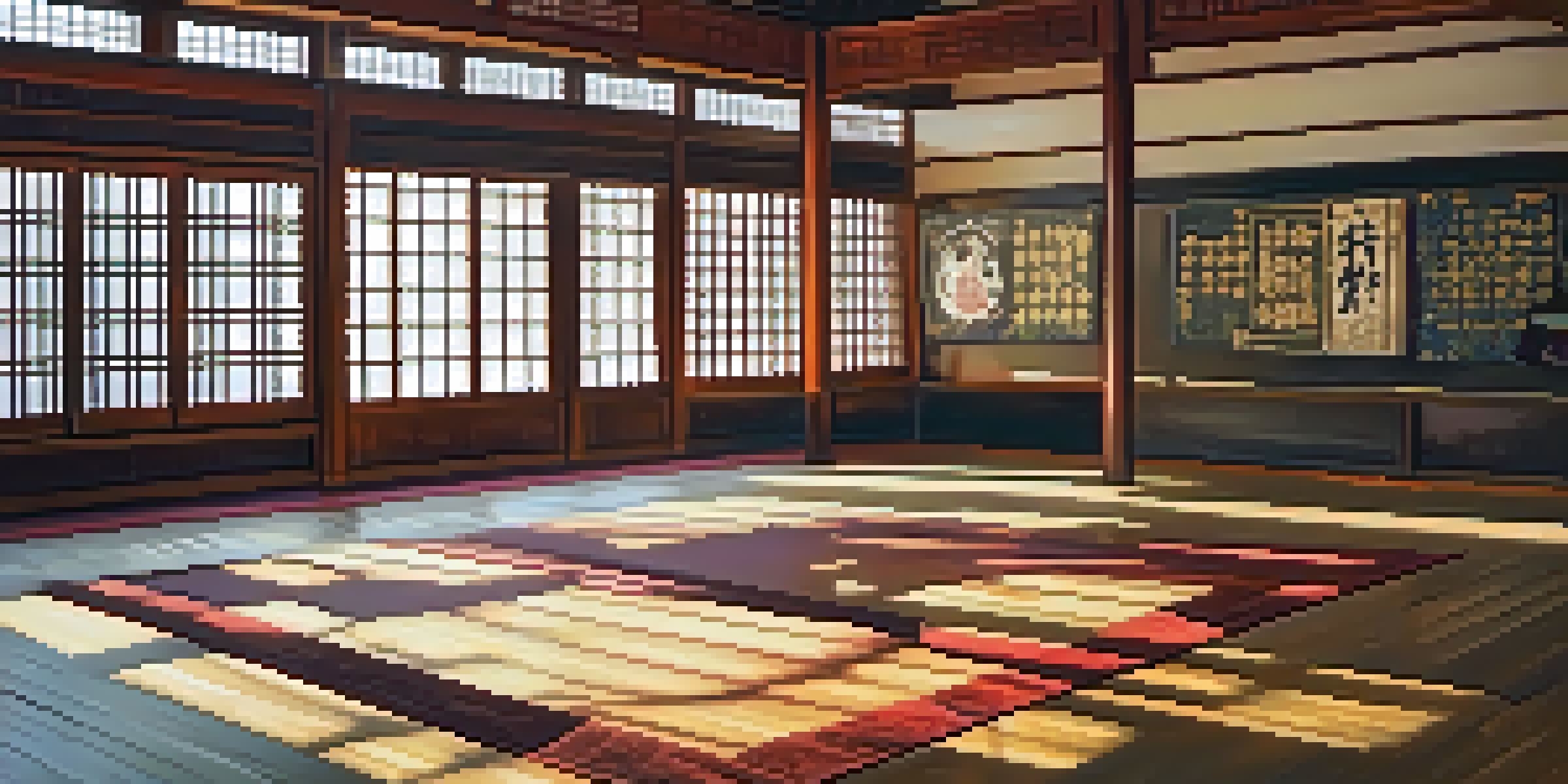 A peaceful martial arts dojo with sunlight illuminating practitioners in various poses, wooden floors, and traditional memorabilia on the walls.