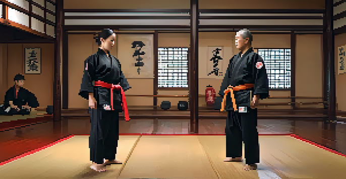 A family of diverse members practicing martial arts together in a dojo, showing focus and dedication in a warm-lit environment.