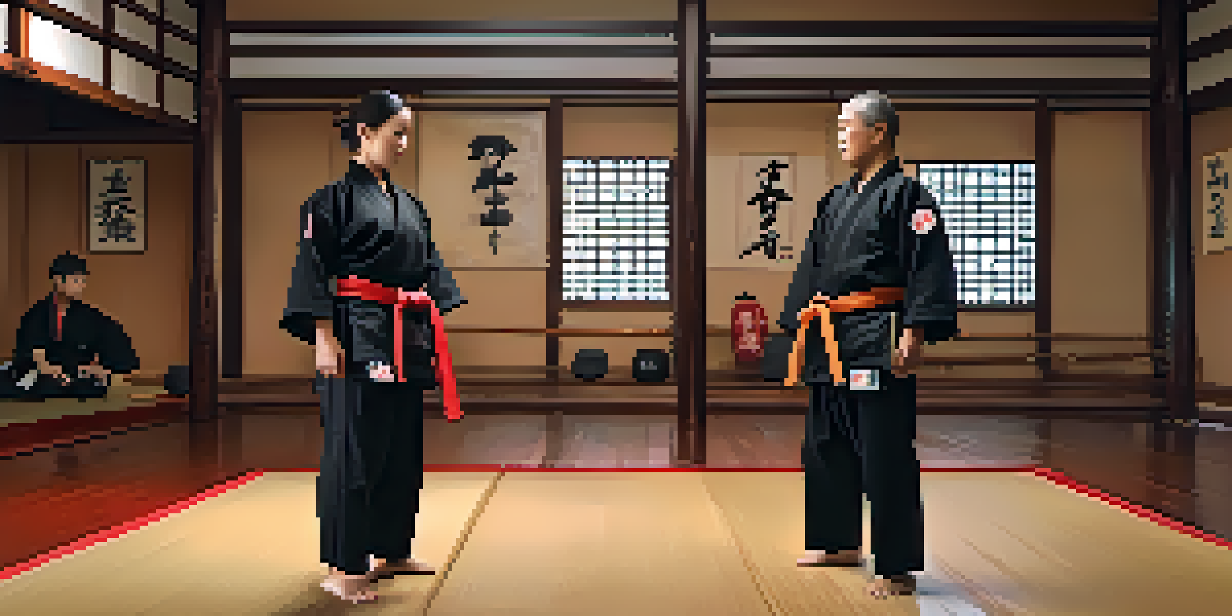 A family of diverse members practicing martial arts together in a dojo, showing focus and dedication in a warm-lit environment.