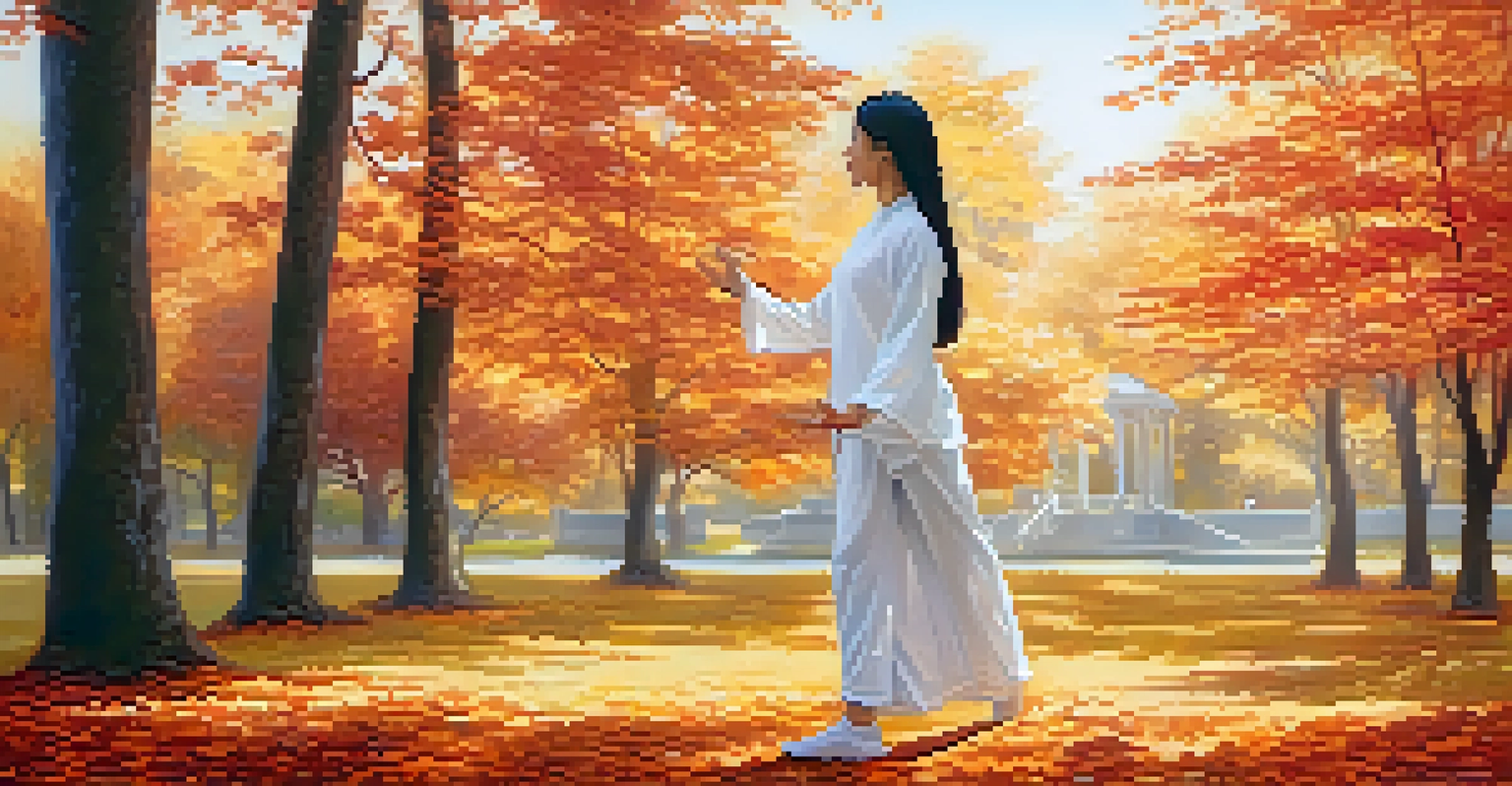 A woman practicing Tai Chi in an autumn park, surrounded by colorful leaves and soft sunlight, creating a tranquil atmosphere.