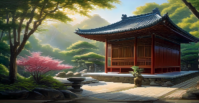 An ancient martial arts dojo in a bamboo forest with a martial artist practicing Kung Fu in the foreground.