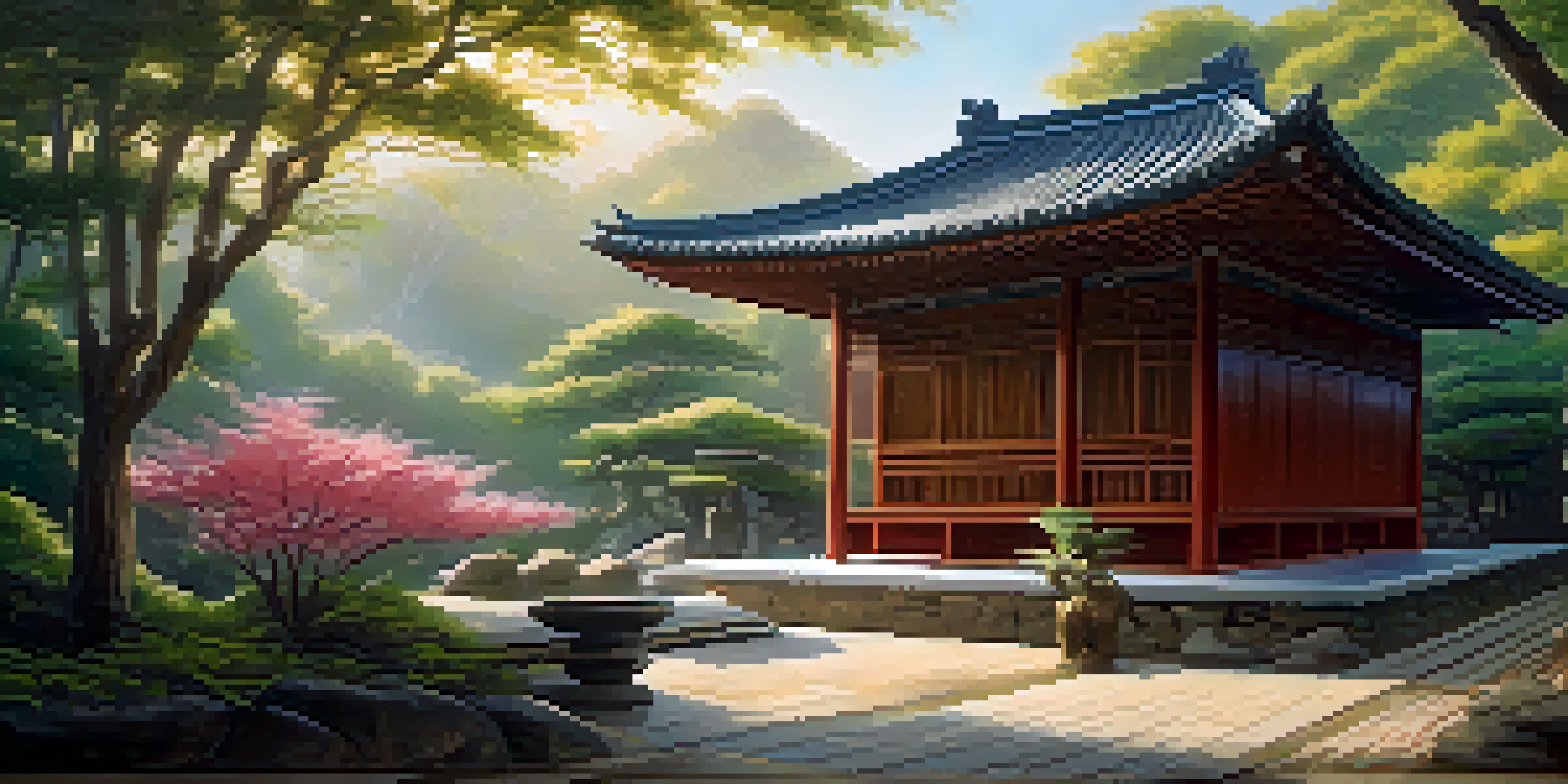 An ancient martial arts dojo in a bamboo forest with a martial artist practicing Kung Fu in the foreground.