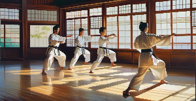A group of diverse individuals practicing tai chi in a traditional dojo, bathed in warm sunlight, showcasing grace and tranquility.