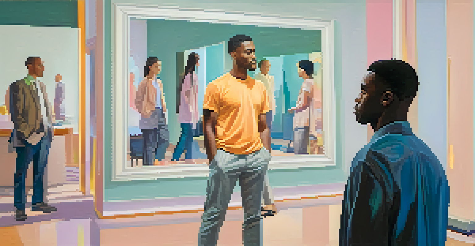 A person visualizing a successful conversation in front of a mirror, with an abstract background symbolizing calmness.