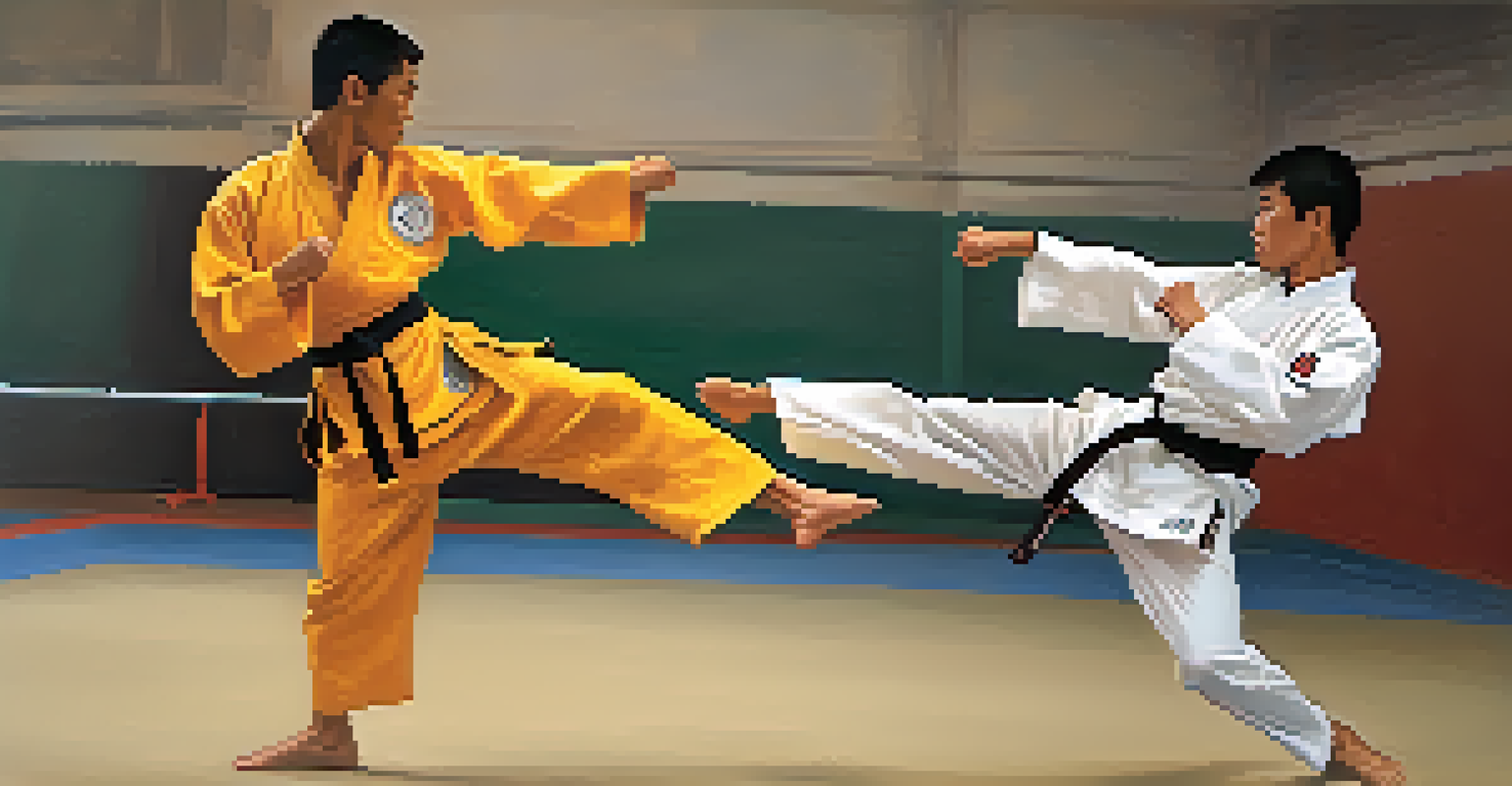 A close-up of two martial artists sparring, one executing a high kick and the other in a defensive stance.