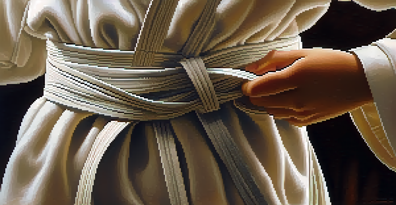 Close-up of a child's hands tying a karate belt, focusing on the details of the fabric and the child's uniform.