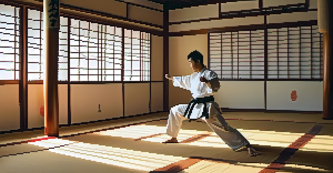 A martial artist practicing breathing techniques in a bright dojo, surrounded by warm wooden floors and soft sunlight filtering through shoji screens.