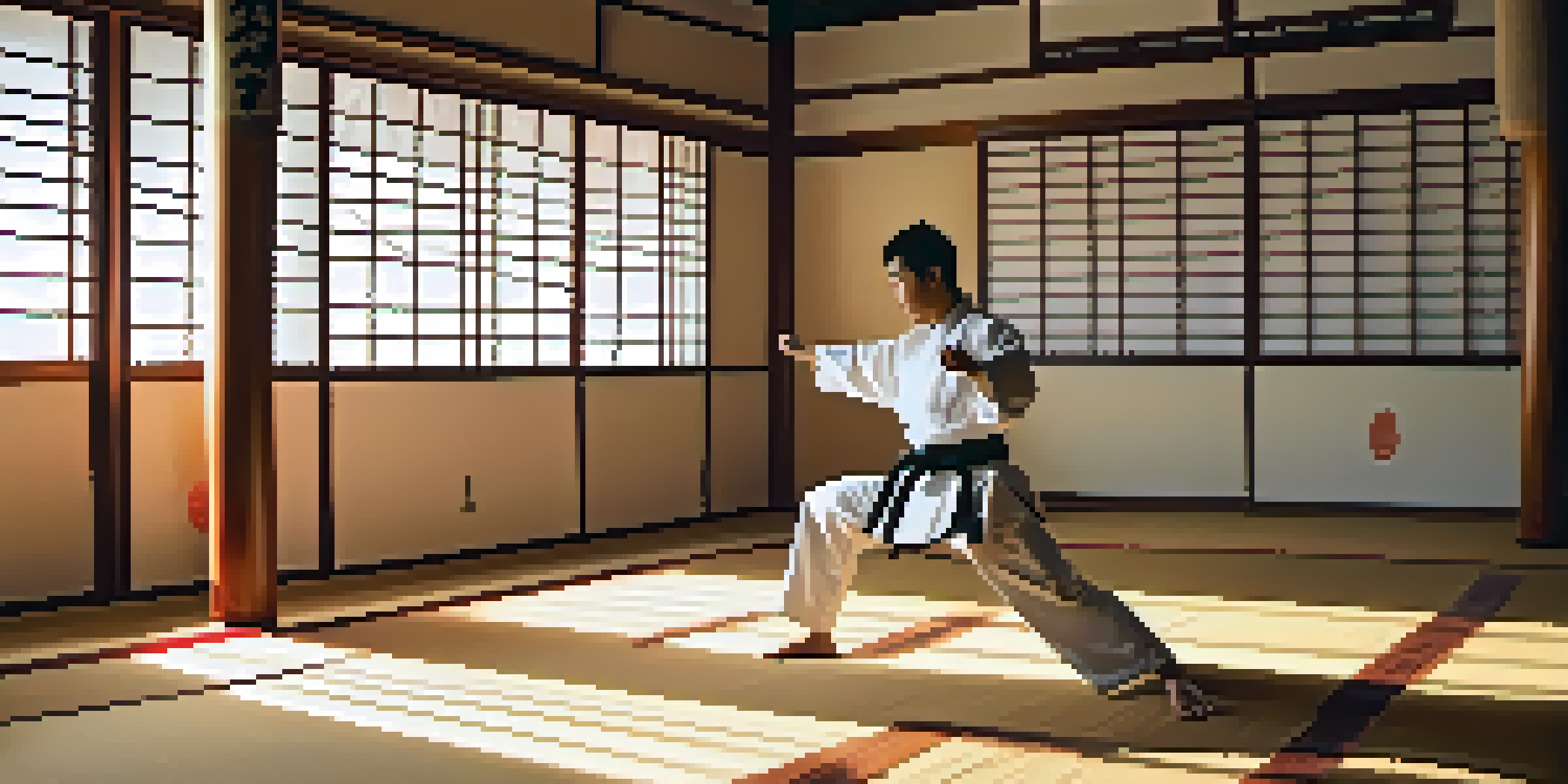 A martial artist practicing breathing techniques in a bright dojo, surrounded by warm wooden floors and soft sunlight filtering through shoji screens.