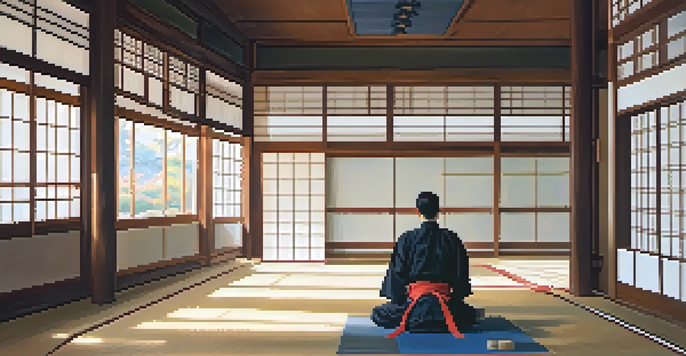 A peaceful martial arts dojo with a martial artist meditating on a tatami mat, surrounded by traditional decor and sunlight streaming through the windows.
