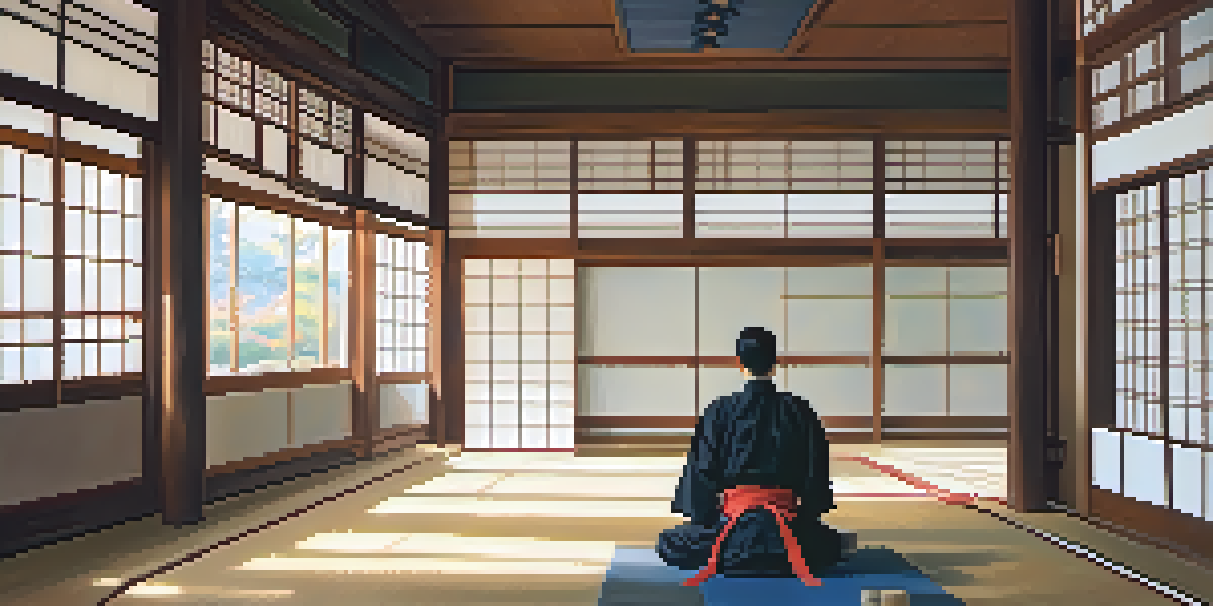 A peaceful martial arts dojo with a martial artist meditating on a tatami mat, surrounded by traditional decor and sunlight streaming through the windows.