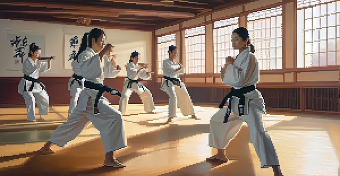 A group of diverse women practicing martial arts in a dojo, demonstrating strength and focus.