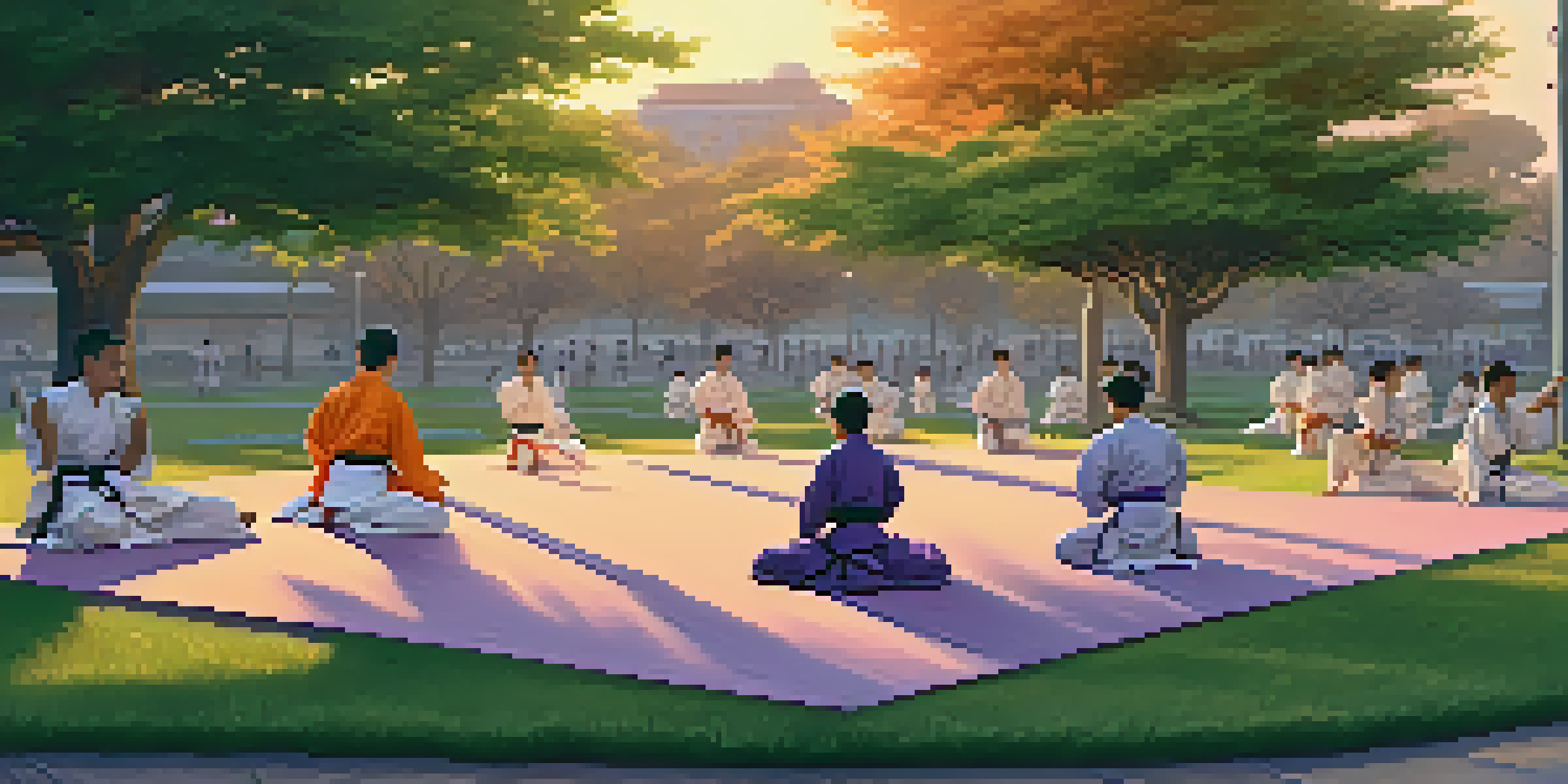 A peaceful park at dusk with people practicing martial arts, surrounded by trees and a sunset sky.