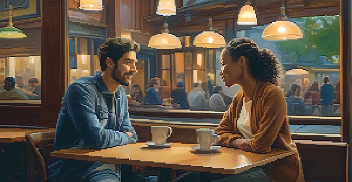 Two individuals having a calm conversation in a cozy coffee shop with warm lighting and wooden furniture.