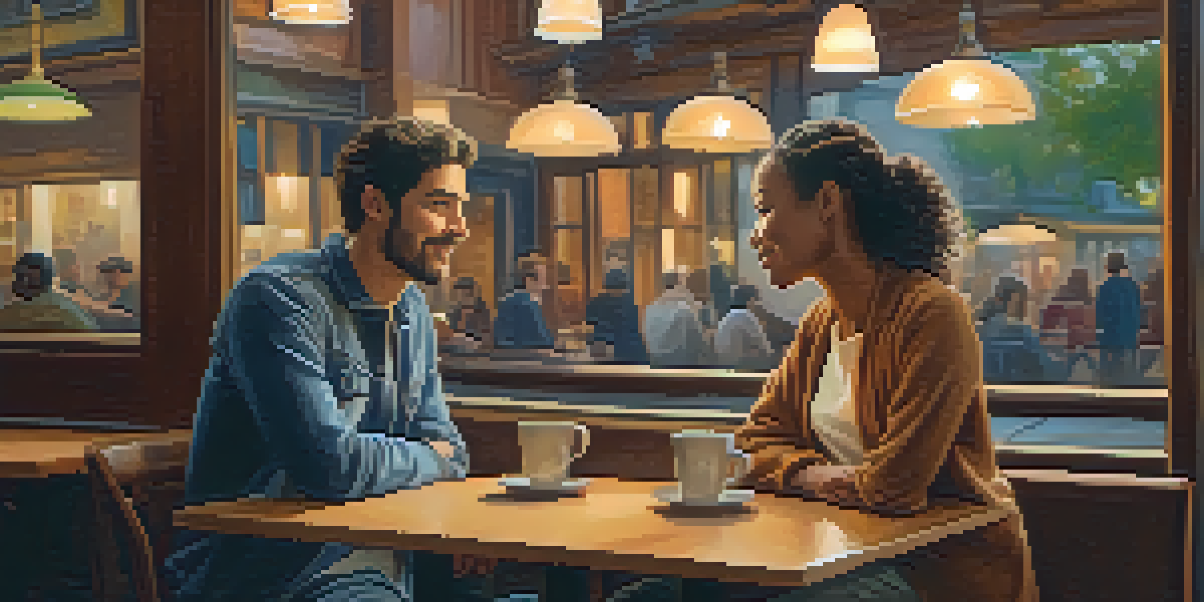 Two individuals having a calm conversation in a cozy coffee shop with warm lighting and wooden furniture.