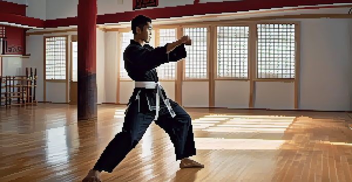 A person performing a high kick in a modern dojo, showcasing strength and focus with bright lighting.