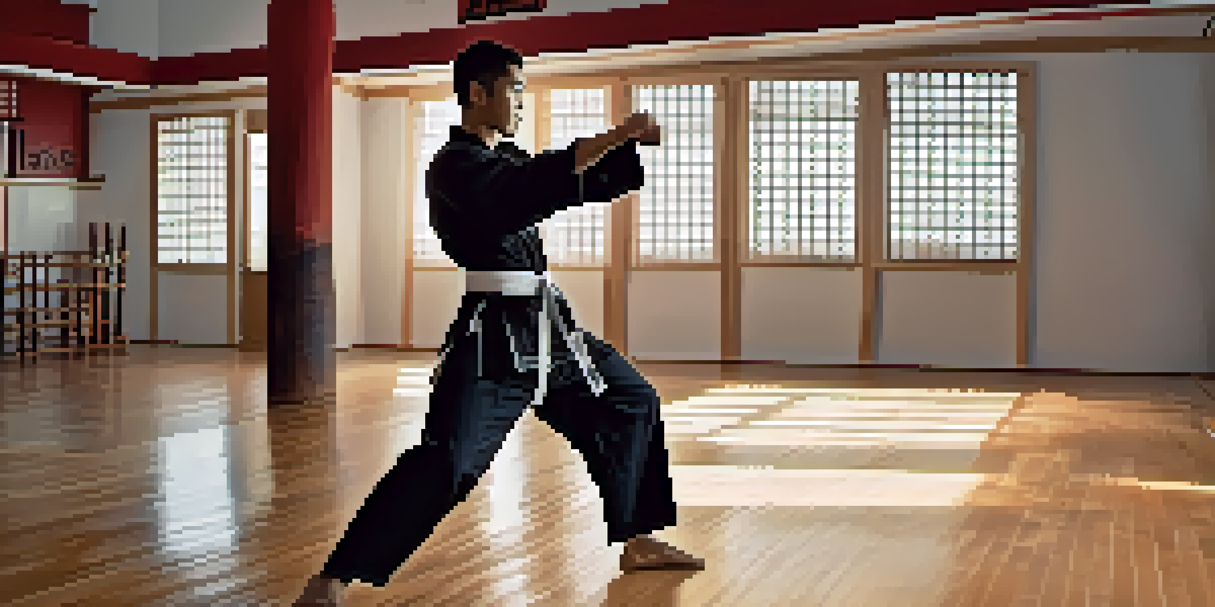 A person performing a high kick in a modern dojo, showcasing strength and focus with bright lighting.
