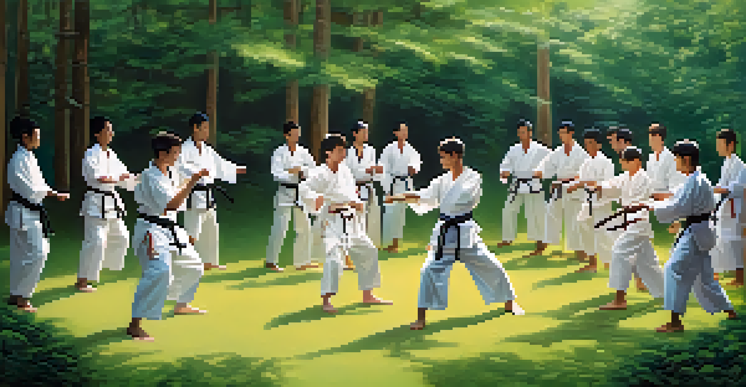 A sensei teaching students martial arts outdoors, surrounded by natural beauty, promoting peace and discipline.