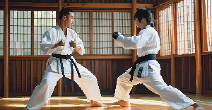 Two martial artists sparring in a dojo, one wearing a white gi and the other in a black gi, with focused expressions and bright natural light illuminating the scene.