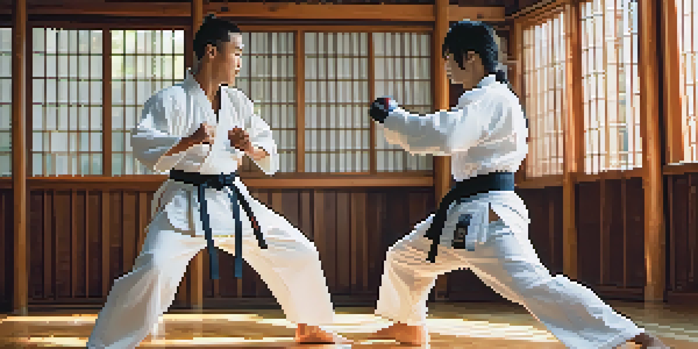 Two martial artists sparring in a dojo, one wearing a white gi and the other in a black gi, with focused expressions and bright natural light illuminating the scene.
