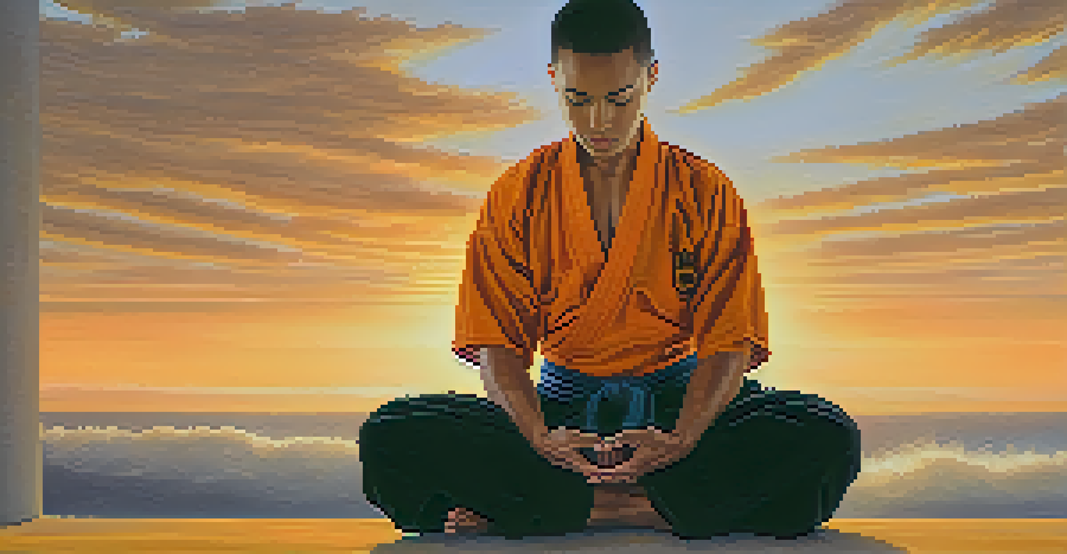 Close-up of a martial artist meditating with a serene expression, surrounded by warm sunrise colors.