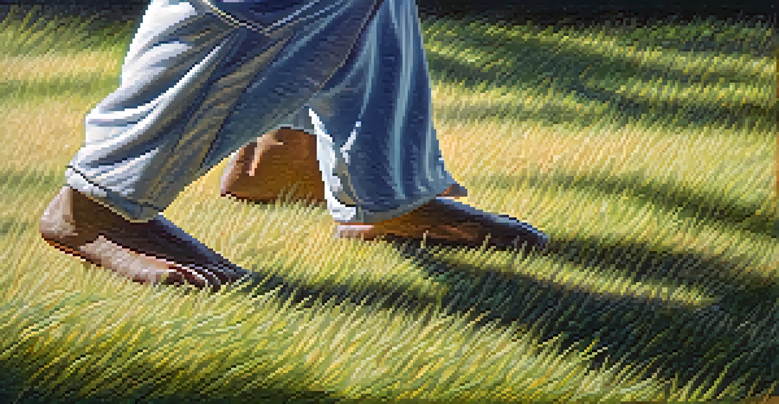 Close-up of a martial artist's feet in a stance on uneven ground, with grass and dirt textures visible.