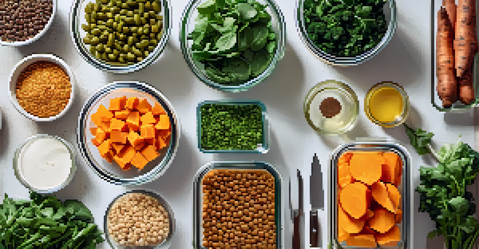 An organized meal prep station with plant-based ingredients displayed in containers, featuring lentils, sweet potatoes, and greens.