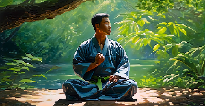 A martial artist in a traditional gi practicing deep breathing outdoors in a peaceful green setting with sunlight filtering through the trees.