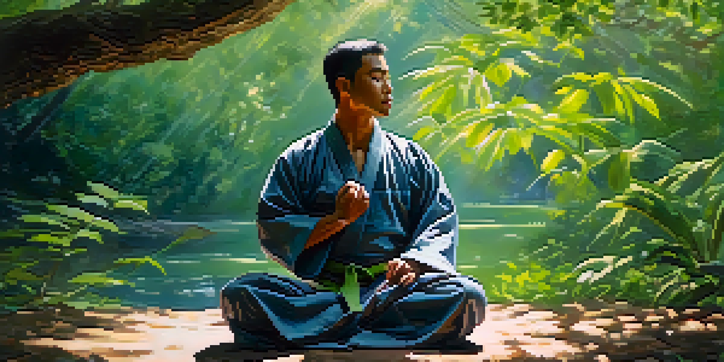 A martial artist in a traditional gi practicing deep breathing outdoors in a peaceful green setting with sunlight filtering through the trees.