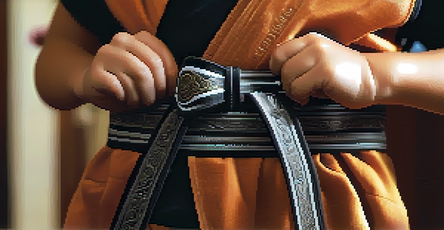 A close-up of a child's hand tying a martial arts belt, capturing the intricate details and a focused expression.