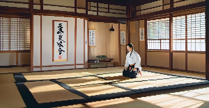 A peaceful dojo with martial artists practicing movements in soft morning light, highlighting the calm atmosphere.