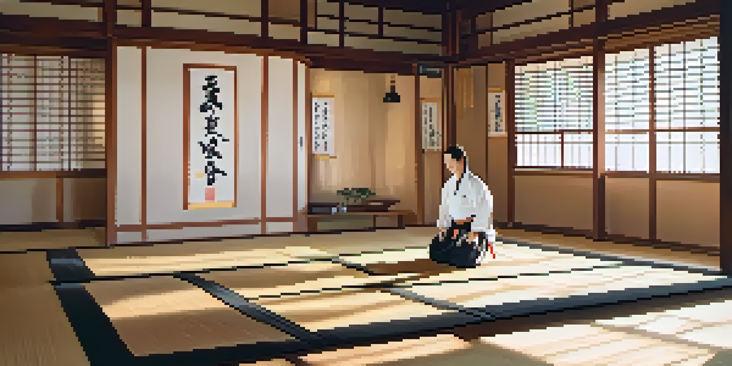 A peaceful dojo with martial artists practicing movements in soft morning light, highlighting the calm atmosphere.