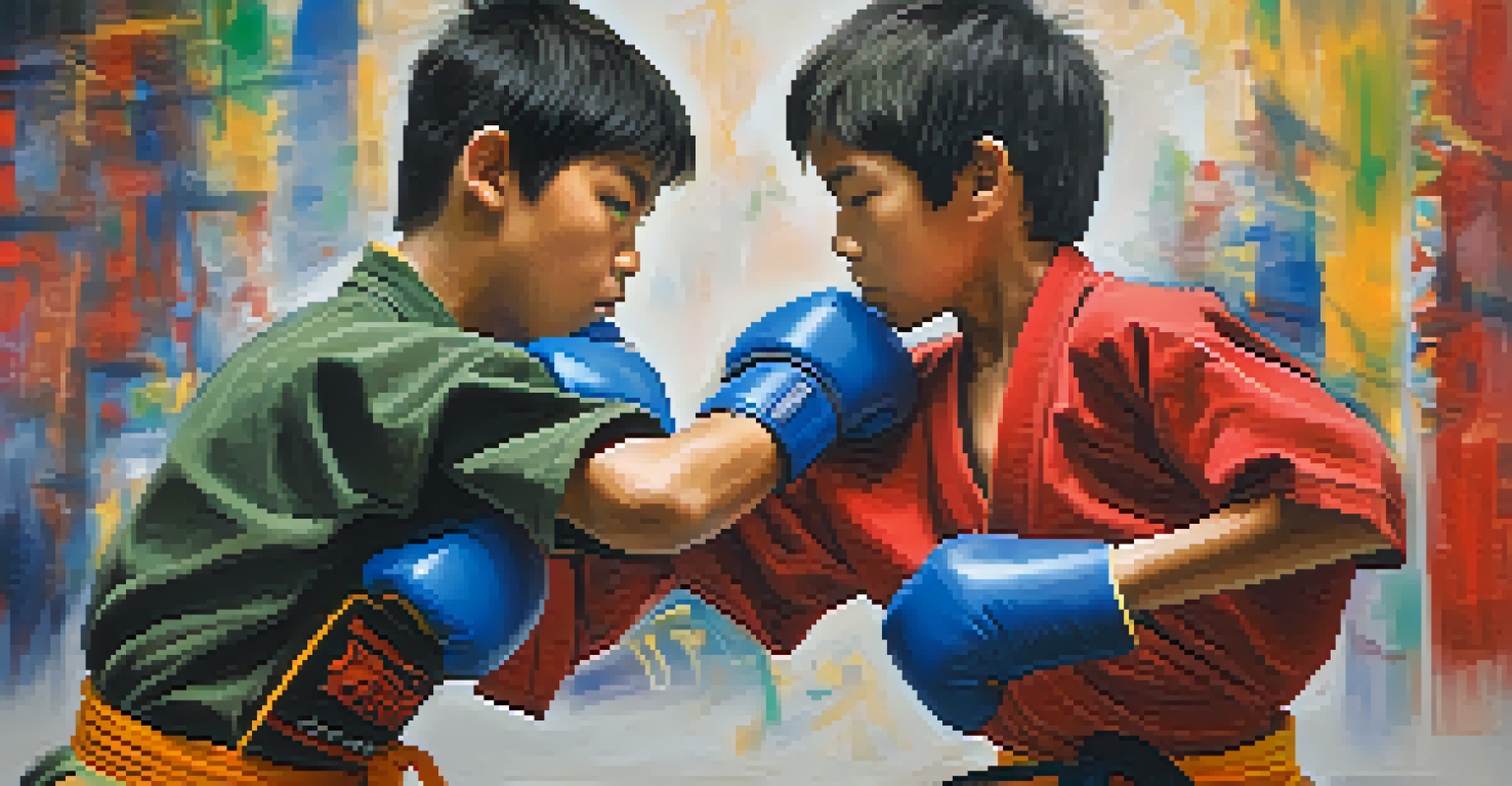 Two young martial artists sparring, showing focus and determination, with colorful belts emphasizing their commitment to martial arts.