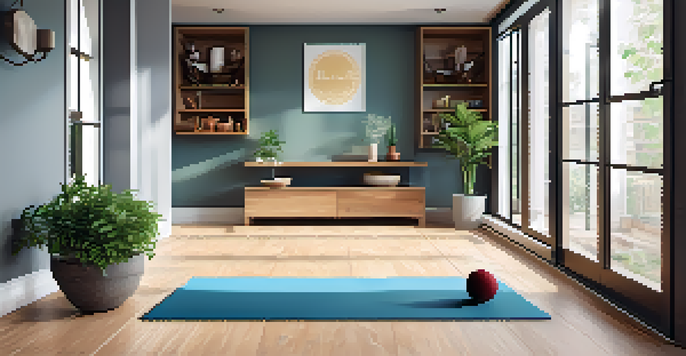 A tranquil home training area with a yoga mat, natural light, martial arts gear, and a plant.