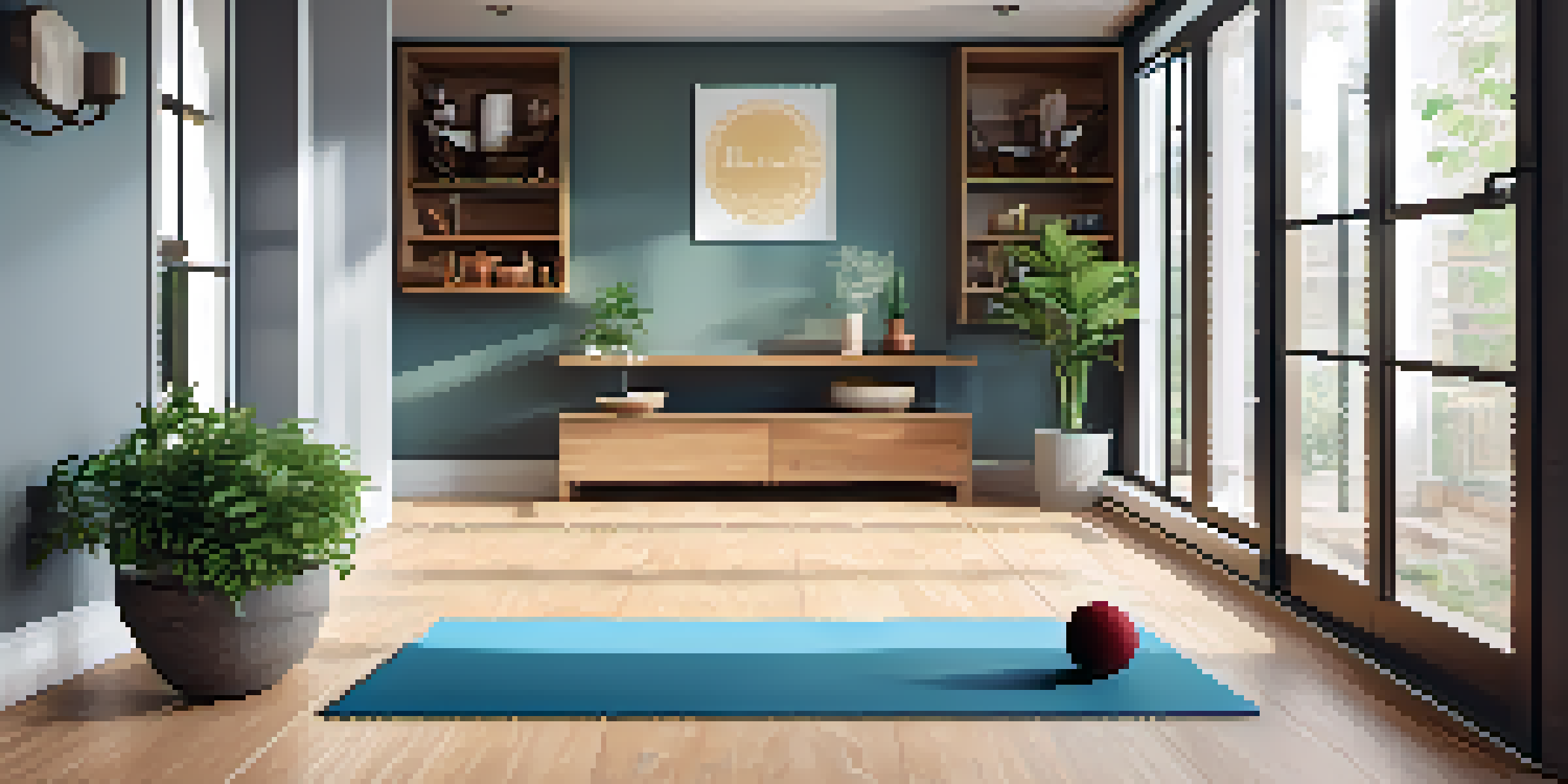 A tranquil home training area with a yoga mat, natural light, martial arts gear, and a plant.