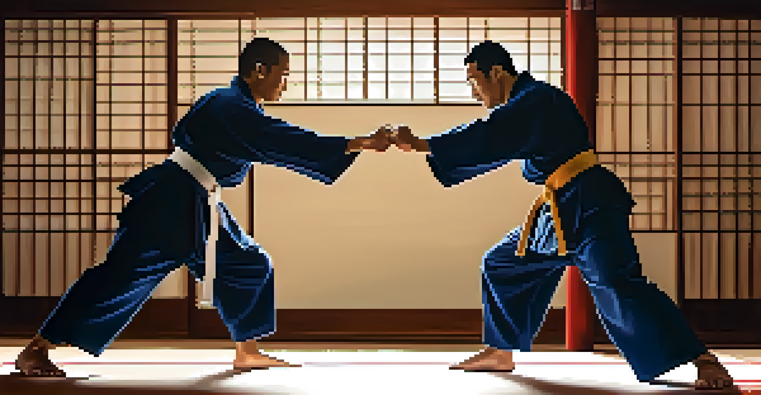 Two martial artists bowing to each other, showcasing respect and camaraderie in a traditional dojo setting.