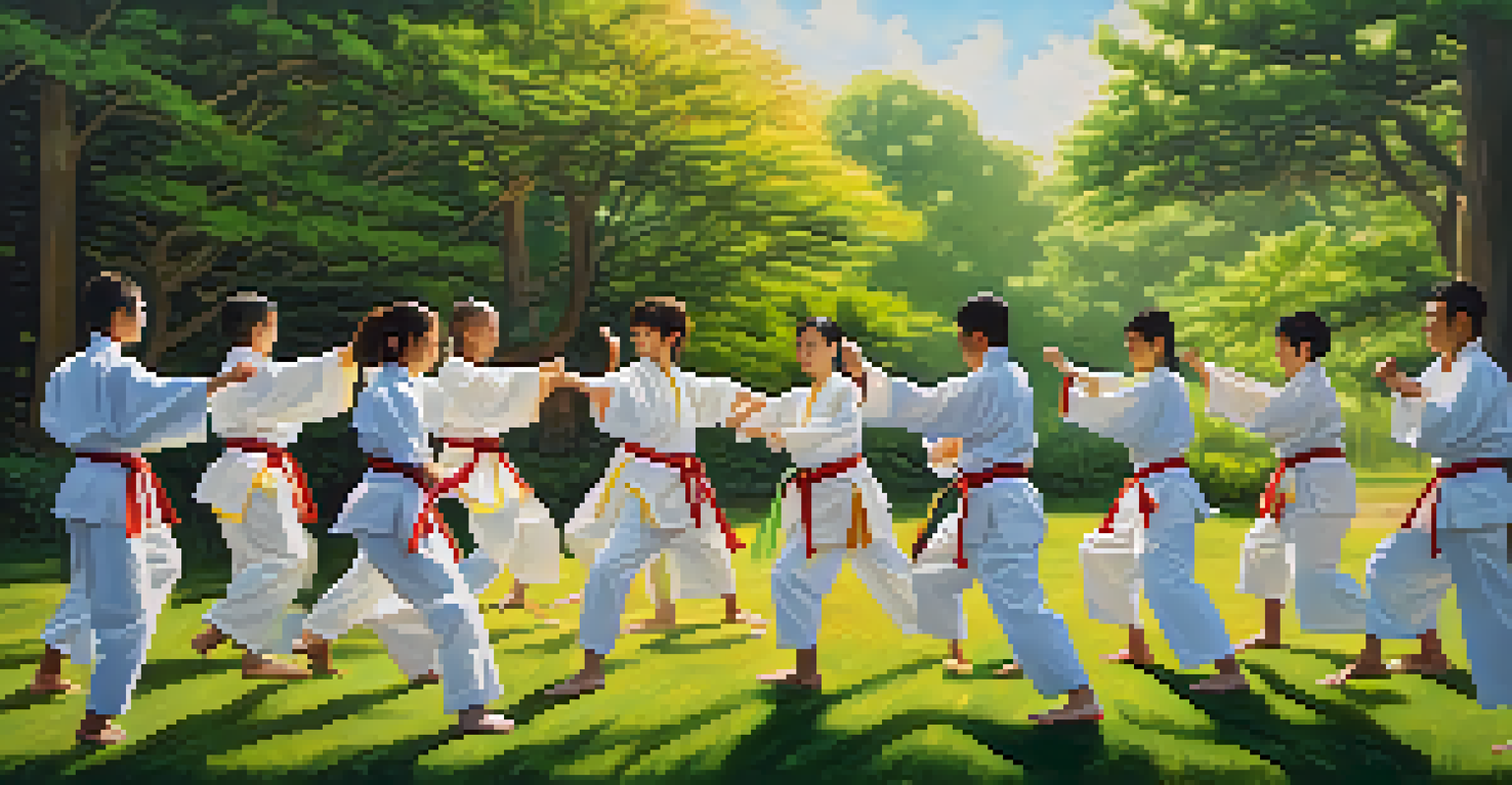 A group of diverse martial arts practitioners performing a synchronized kata outdoors, surrounded by greenery and sunlight, highlighting their unity and focus.